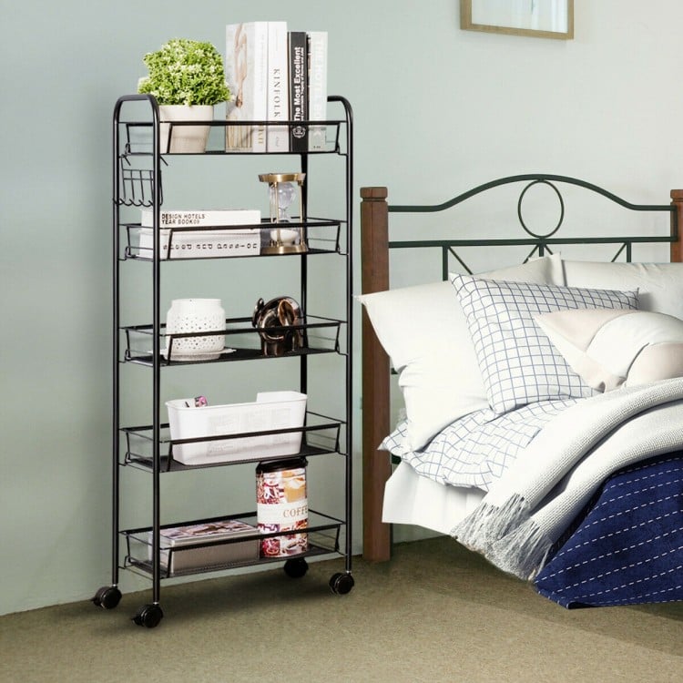 5-tier black mesh rolling cart with spacious shelves and lockable wheels, ideal for organizing items in any room.
