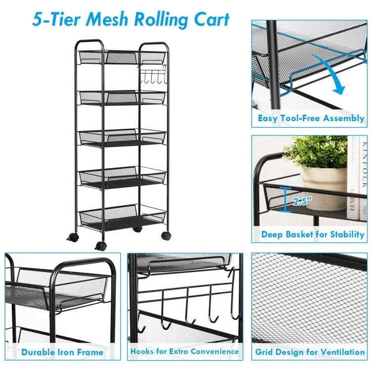 5-tier mesh rolling cart in black with durable iron frame, spacious shelves, and lockable wheels for versatile storage.