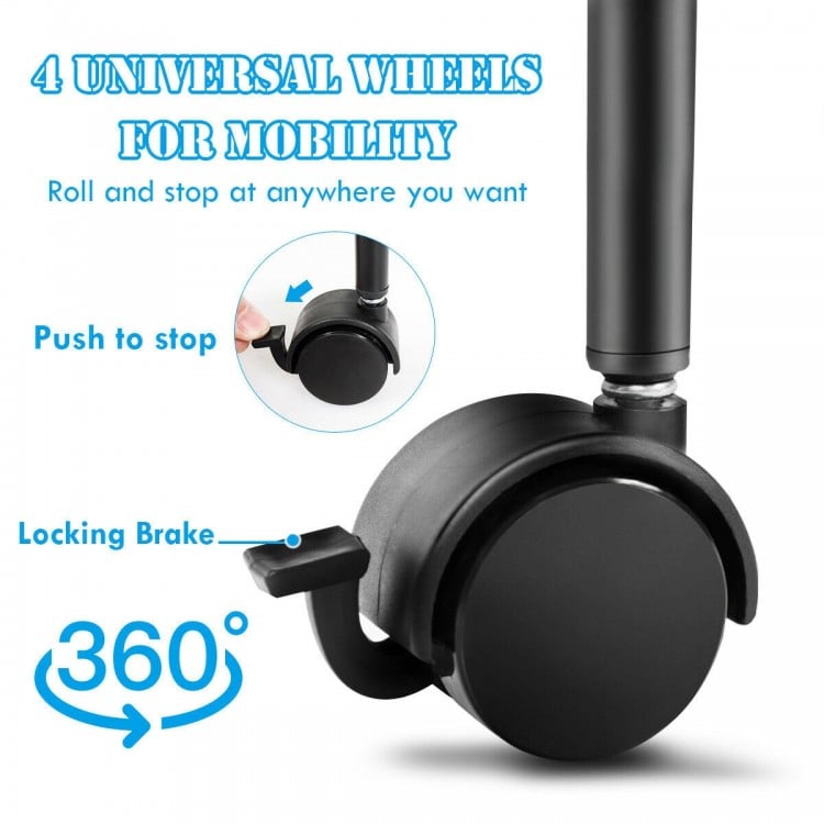Close-up of the rolling cart's black universal wheel with locking brake, designed for smooth mobility and stability.
