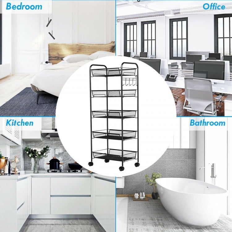 5-tier black mesh rolling utility cart with spacious shelves and lockable wheels, ideal for organizing in any room.