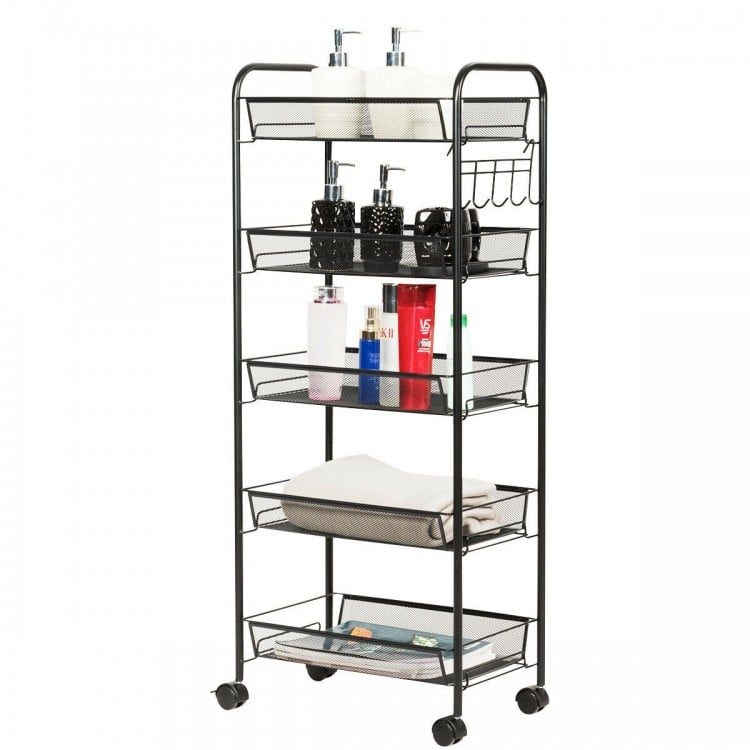 Five-tier black mesh rolling utility cart with spacious shelves and lockable wheels, ideal for home or office.
