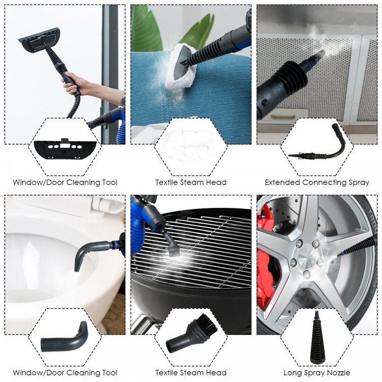 Multi-purpose handheld steam cleaner with various attachments for effective cleaning and sterilization of surfaces.