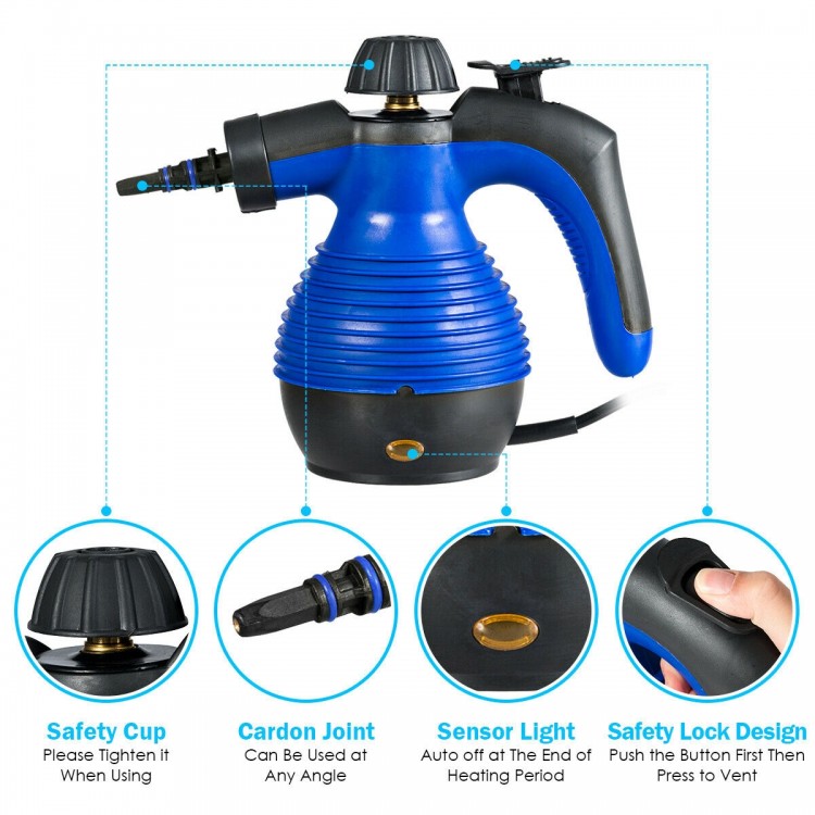 Handheld pressurized steam cleaner in blue, featuring a 1050W heating system for effective cleaning and sterilization.