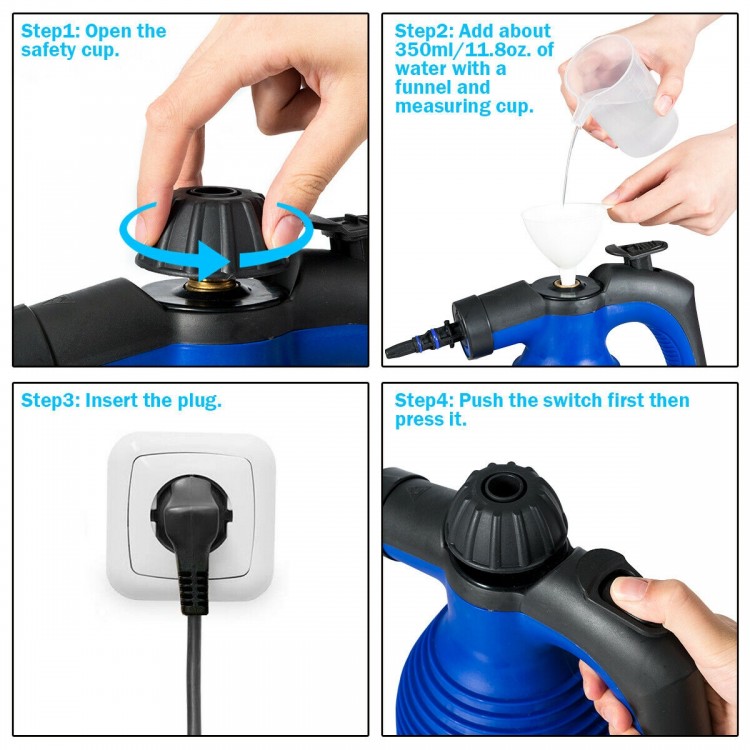 Handheld pressurized steam cleaner in blue, demonstrating safety cup opening and water filling for cleaning tasks.