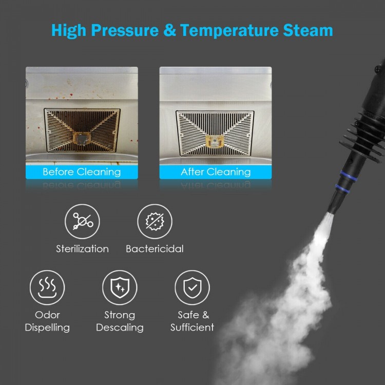 Handheld pressurized steam cleaner in blue, showcasing before and after cleaning results, ideal for disinfecting.