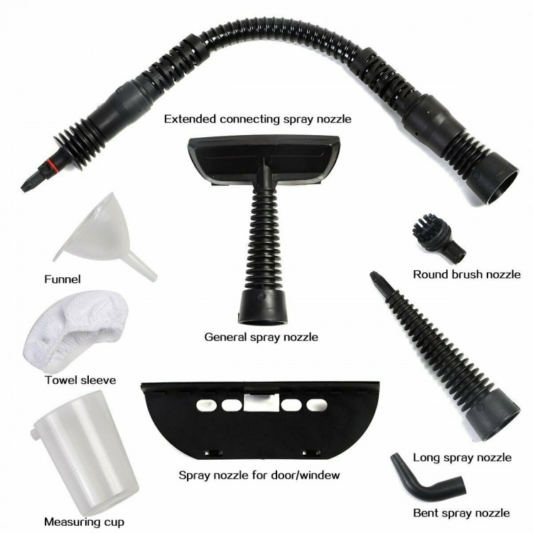 Multi-purpose steam cleaner accessories including nozzles and measuring cup for versatile cleaning tasks.