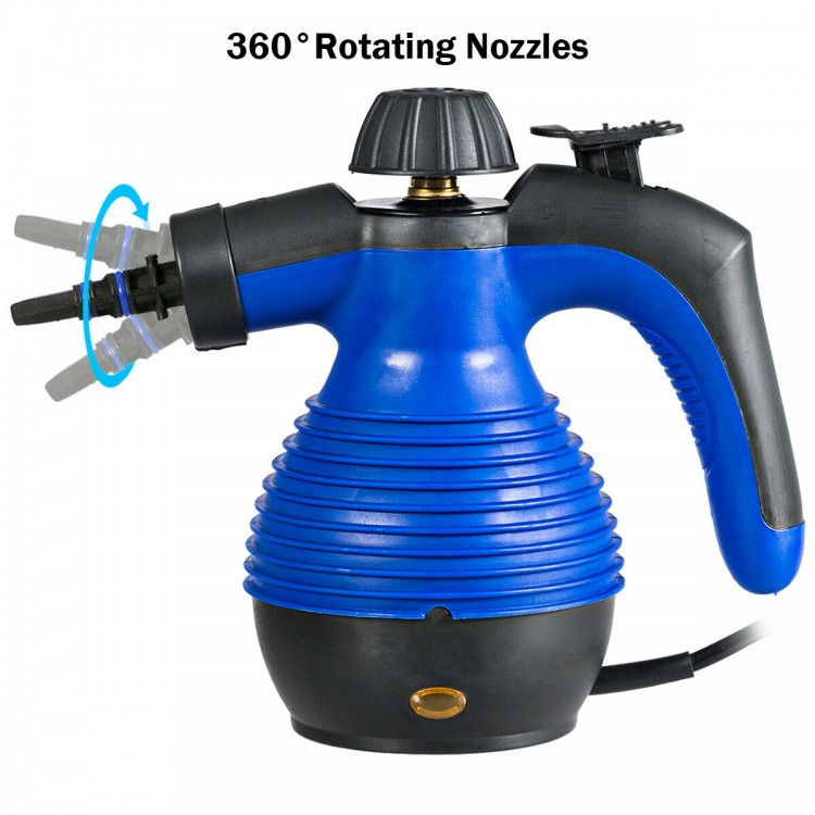 Handheld steam cleaner in blue with 360° rotating nozzles, 1050W power for effective cleaning and disinfection.
