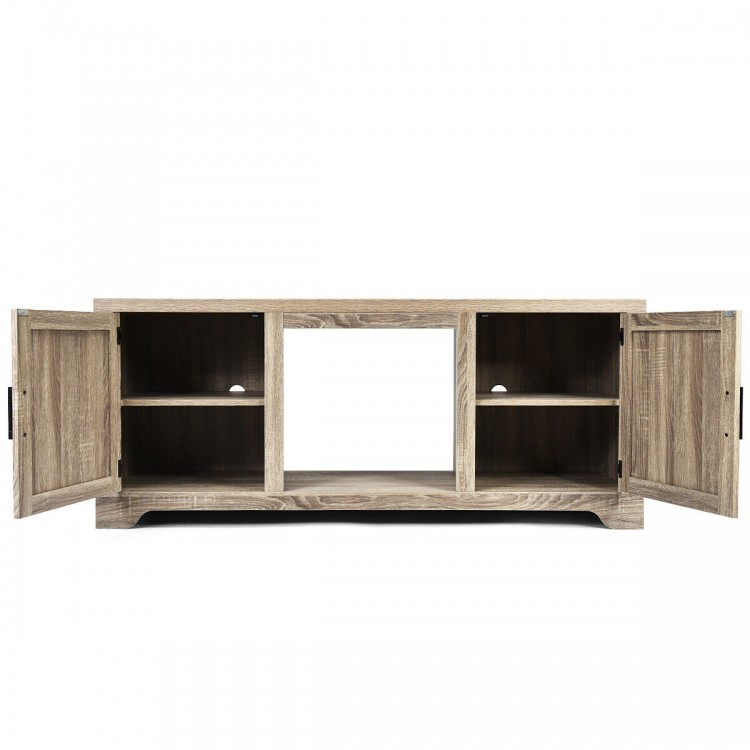 65-inch media component TV stand with adjustable shelves, natural wood color, and spacious storage for electronics.