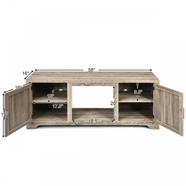65-inch media component TV stand with adjustable shelves, made of MDF and PB, featuring a natural wooden color and.