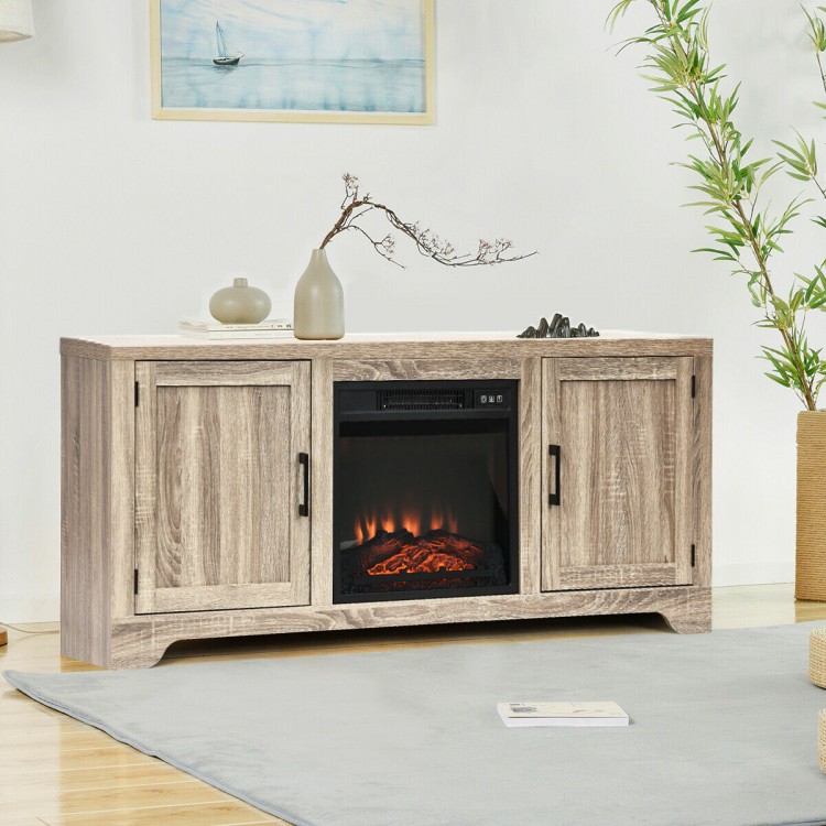 65-inch media component TV stand in natural wood color with adjustable shelves and space for an electric fireplace.