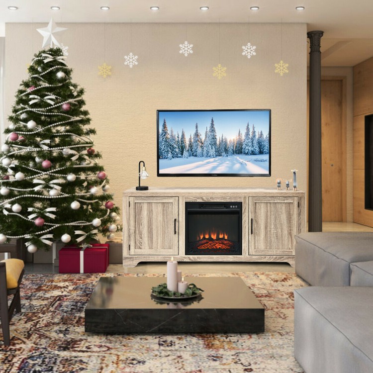 65-inch media component TV stand in natural wood color with adjustable shelves, perfect for storing a TV and electric.