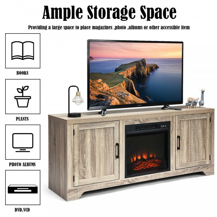 65-inch media component TV stand in natural wood color with adjustable shelves and ample storage for bulky items.