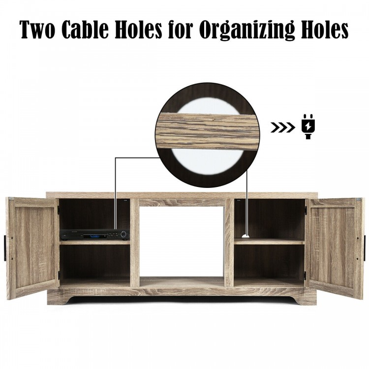 TV stand with two cable holes, adjustable shelves, and natural wood finish, perfect for organizing media components.