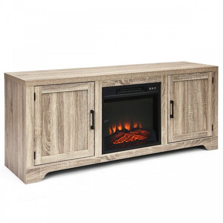 Natural wood 65-inch media component TV stand with a spacious center area for bulky items and a modern design.