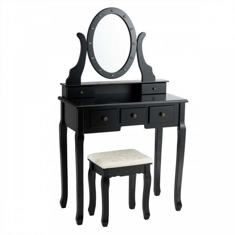 Black vanity table set with oval mirror, 12 LED bulbs, and cushioned stool, perfect for makeup and writing.