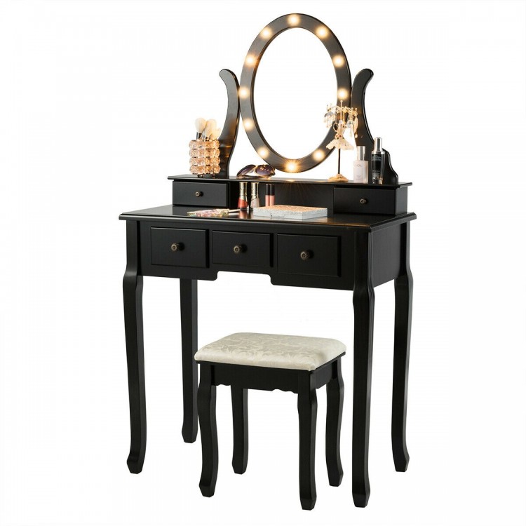 Black vanity table set with oval mirror and 12 LED bulbs, featuring 5 drawers and cushioned stool for versatile use.