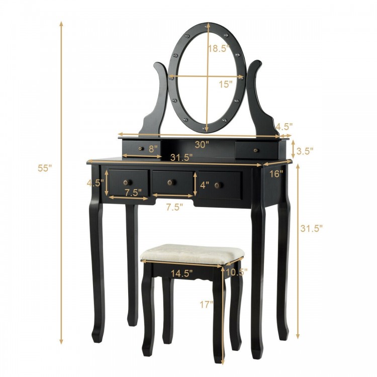 Vanity table set with oval mirror, 12 LED bulbs, and cushioned stool, perfect for makeup or as a writing desk.