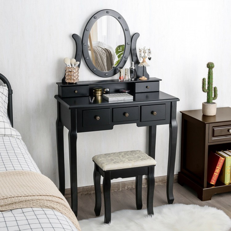Elegant black vanity table with curved legs and spacious top shelf, featuring 12 LED bulbs for optimal lighting and.
