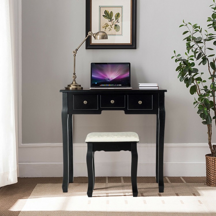 Black 5-drawer vanity table set with cushioned stool and oval mirror featuring 12 LED bulbs for versatile use.