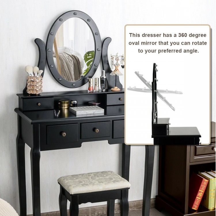 Vanity table set with oval mirror, 12 LED bulbs, and 5 drawers in black, perfect for makeup and writing.