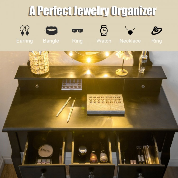 Vanity table set with 5 drawers, oval mirror, and 12 LED bulbs in black, ideal for makeup and jewelry organization.