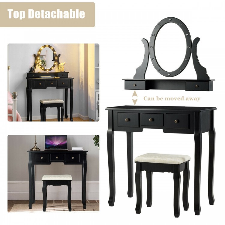 Black 5-drawer vanity table set with detachable oval mirror and 12 LED bulbs, perfect for makeup and writing.