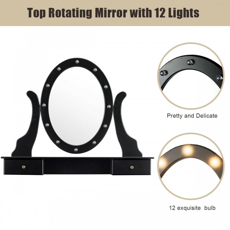Black vanity table set with oval mirror and 12 LED bulbs, featuring 5 drawers for storage and a cushioned stool.