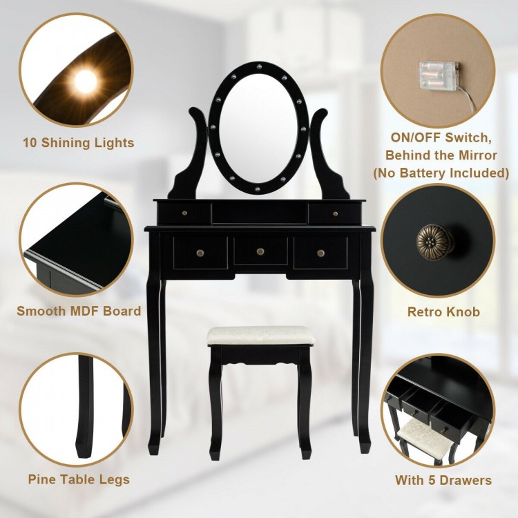 Classic black vanity table with smooth MDF board, oval mirror, and 12 LED bulbs, ideal for makeup and jewelry storage.