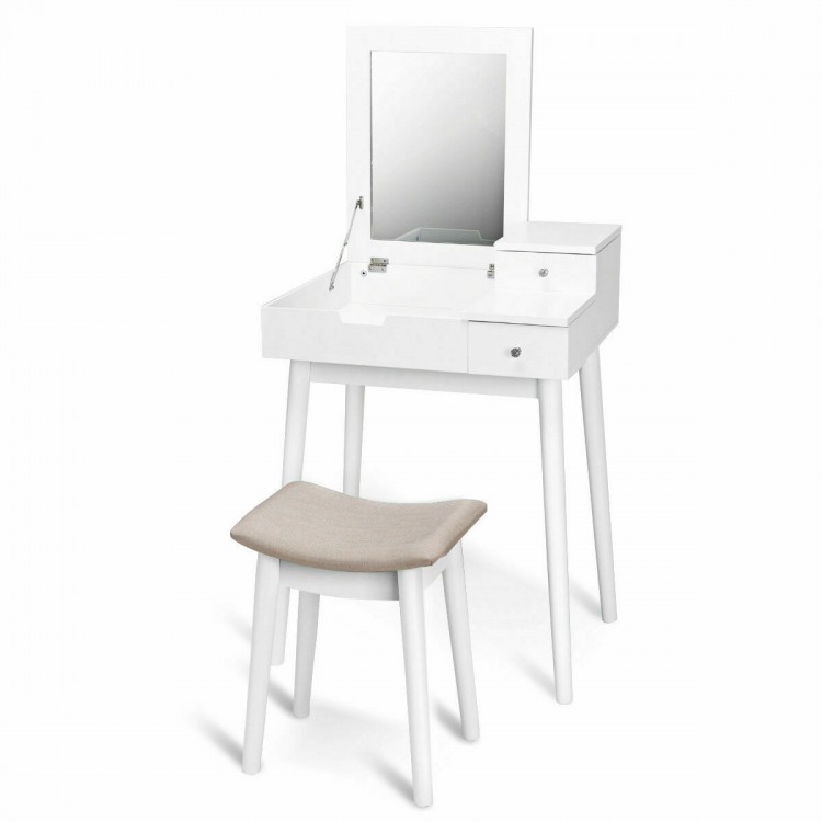 Vanity dressing table set with flip mirror, white finish, and comfortable stool for elegant home decor and makeup.