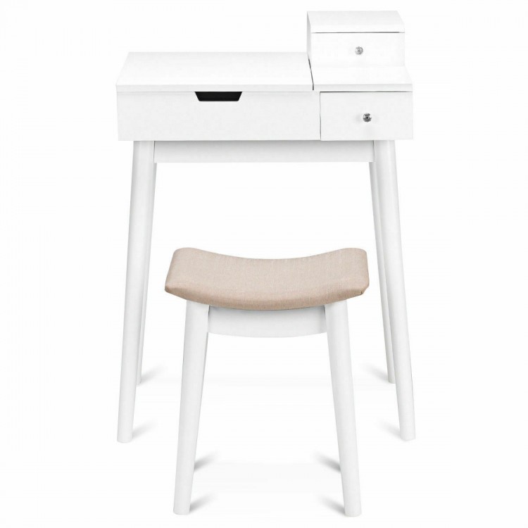 Vanity dressing table set with flip mirror, white finish, includes two drawers and a comfortable stool for makeup use.
