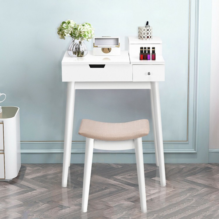 Elegant white vanity dressing table with spacious tabletop, two drawers, and a unique flip mirror for versatile use.