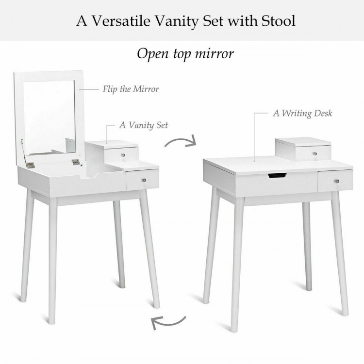 Vanity dressing table set with flip mirror, elegant white design, includes two drawers and a comfortable stool for.