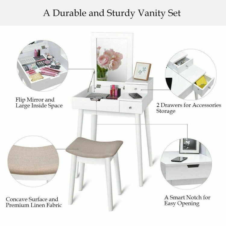 Vanity dressing table set with flip mirror, elegant white design, two drawers, and comfortable stool for makeup storage.