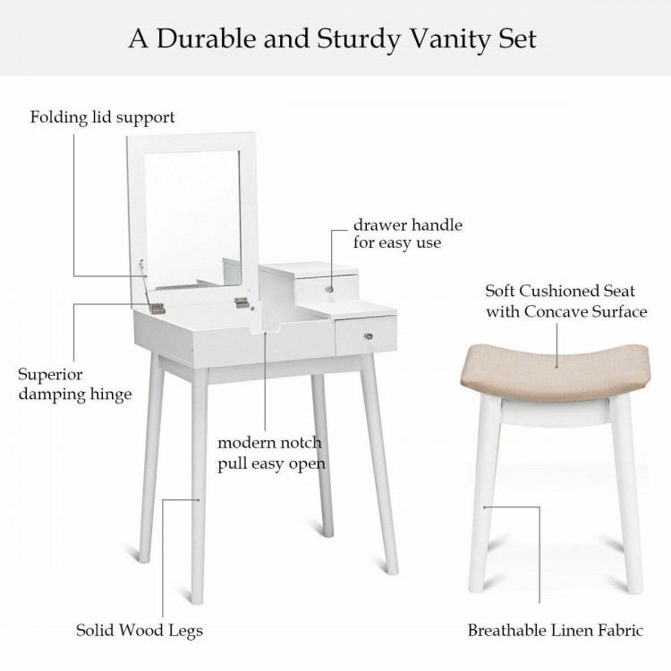 Vanity dressing table set with flip mirror, white finish, two drawers, and breathable linen stool for elegant home.