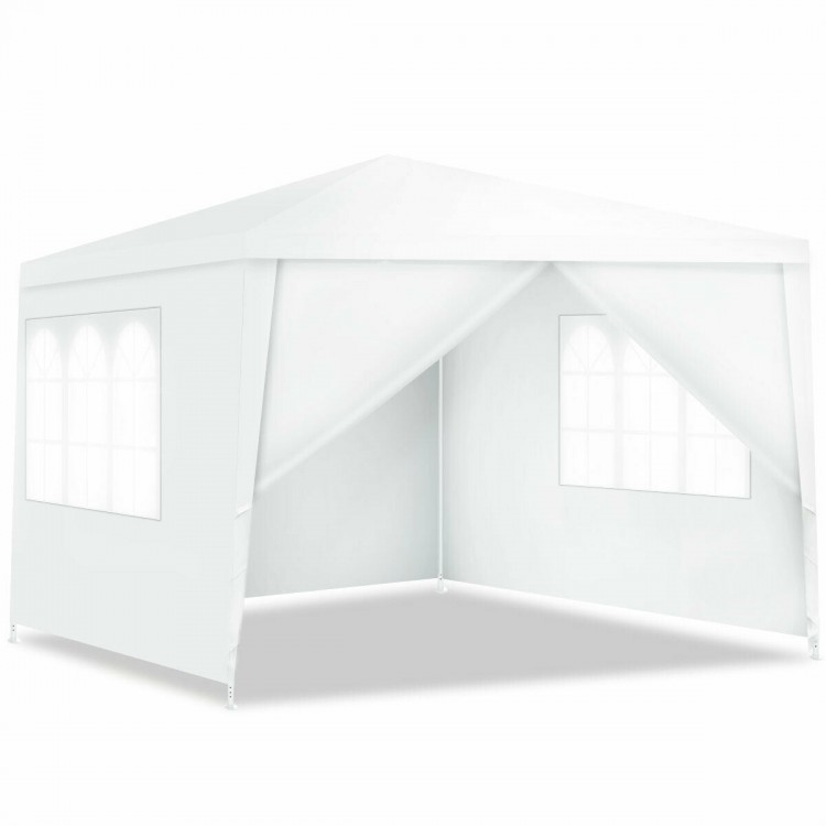 10x10 feet outdoor canopy tent with 4 removable sidewalls, featuring windows, made of durable waterproof polyethylene.