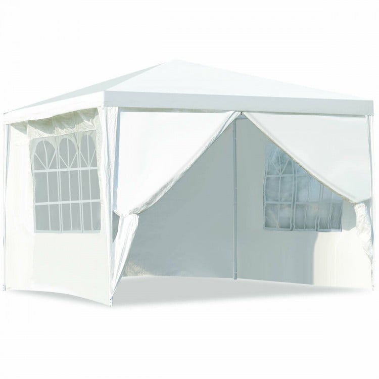 10x10 feet outdoor canopy tent with 4 removable sidewalls, featuring durable waterproof polyethylene and windowed.