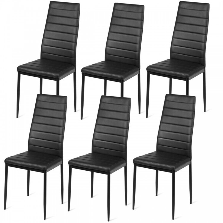 Set of 6 black dining chairs featuring a sleek high back design and softly padded seats, ideal for contemporary dining.