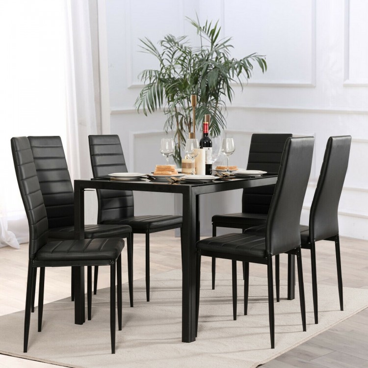 Set of 6 high back dining chairs with padded seats in black PU leather, perfect for modern dining rooms or patios.