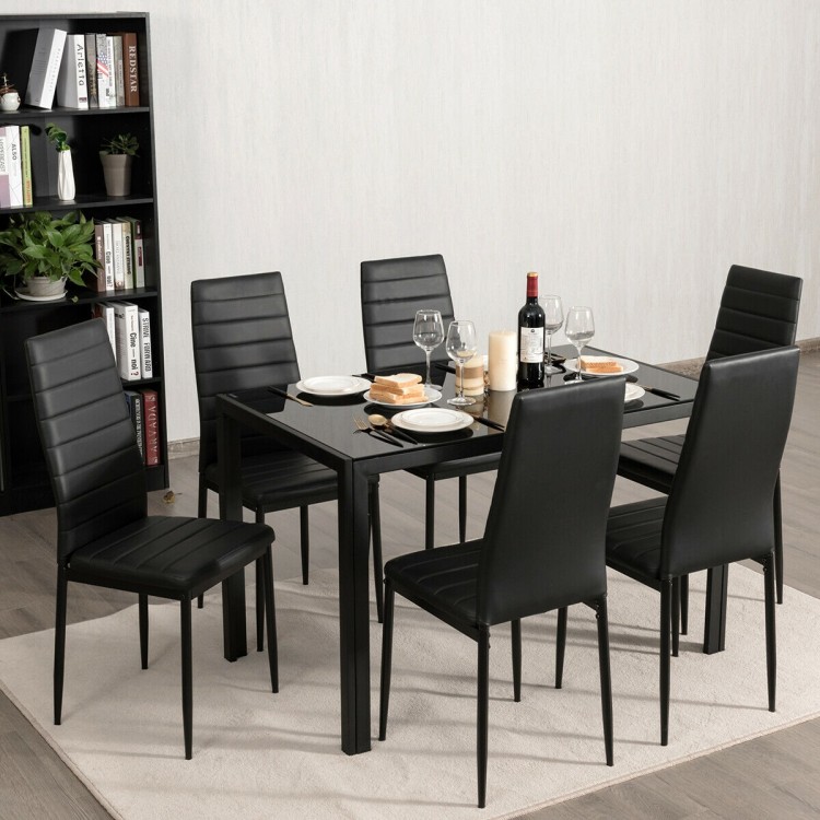 Set of 6 high back dining chairs in black with padded seats, perfect for modern dining rooms or bistros.