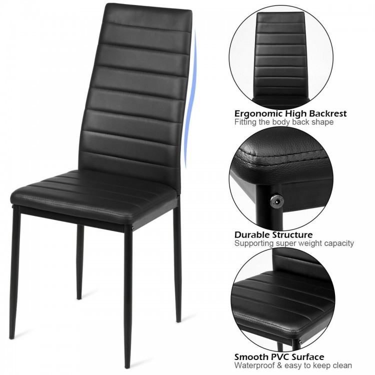 High back dining chair in black PU leather with ergonomic design, offering comfort and durability for dining rooms or.