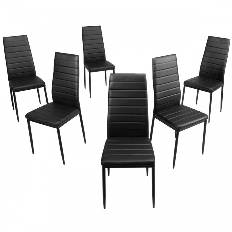 Set of 6 high back dining chairs in black with padded seats, perfect for modern dining rooms or patios.