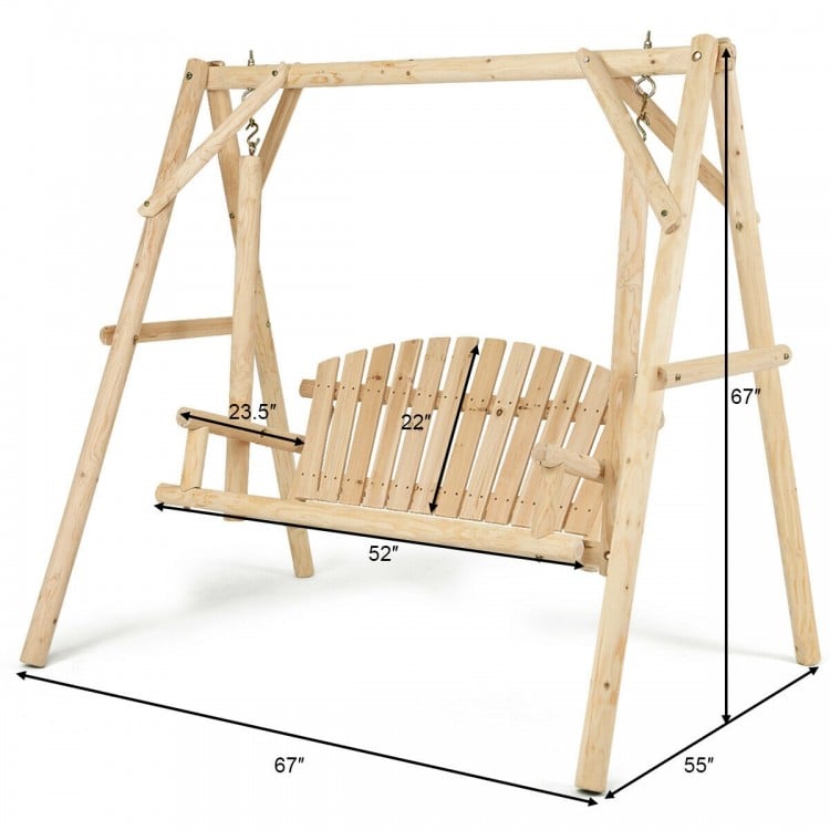 Outdoor wooden porch bench swing chair with rustic curved back, made of fir wood, perfect for patio or garden use.