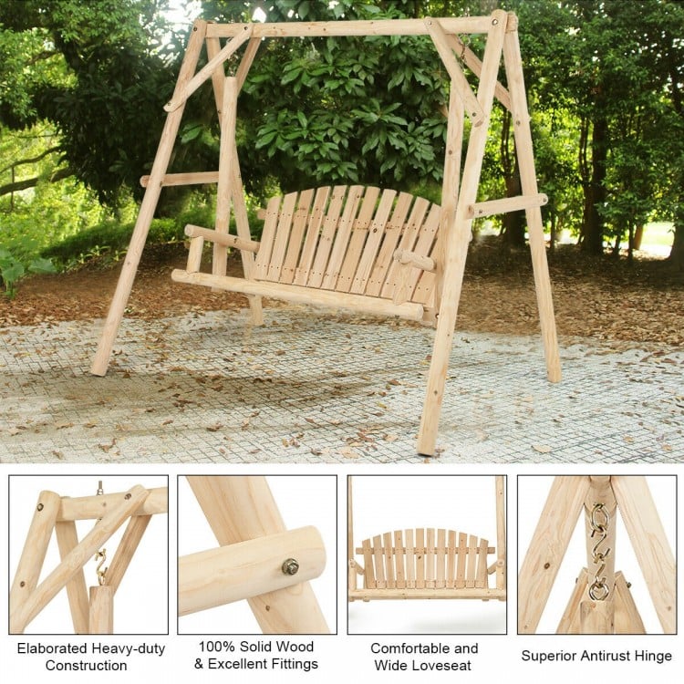 Outdoor wooden porch bench swing chair made of fir wood with a rustic curved back, ideal for patio and garden.