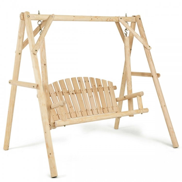 Outdoor wooden porch bench swing chair made of fir wood, featuring a rustic curved back for patio or garden relaxation.
