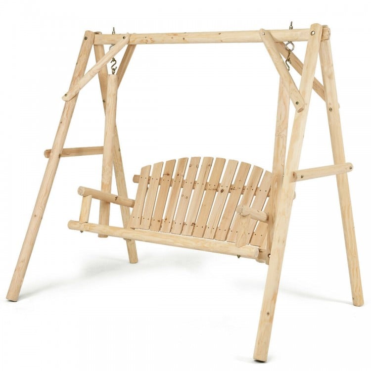Outdoor wooden porch swing chair with rustic curved back, featuring sturdy construction for outdoor spaces like patios.