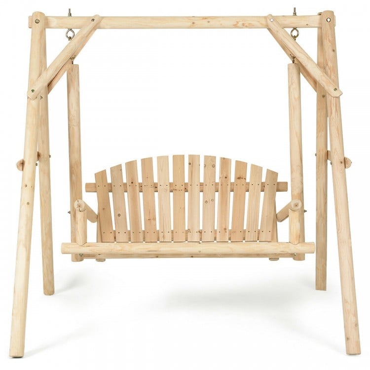 Wooden porch bench swing chair with a rustic curved back, showcasing a smooth finish, perfect for outdoor lounging.