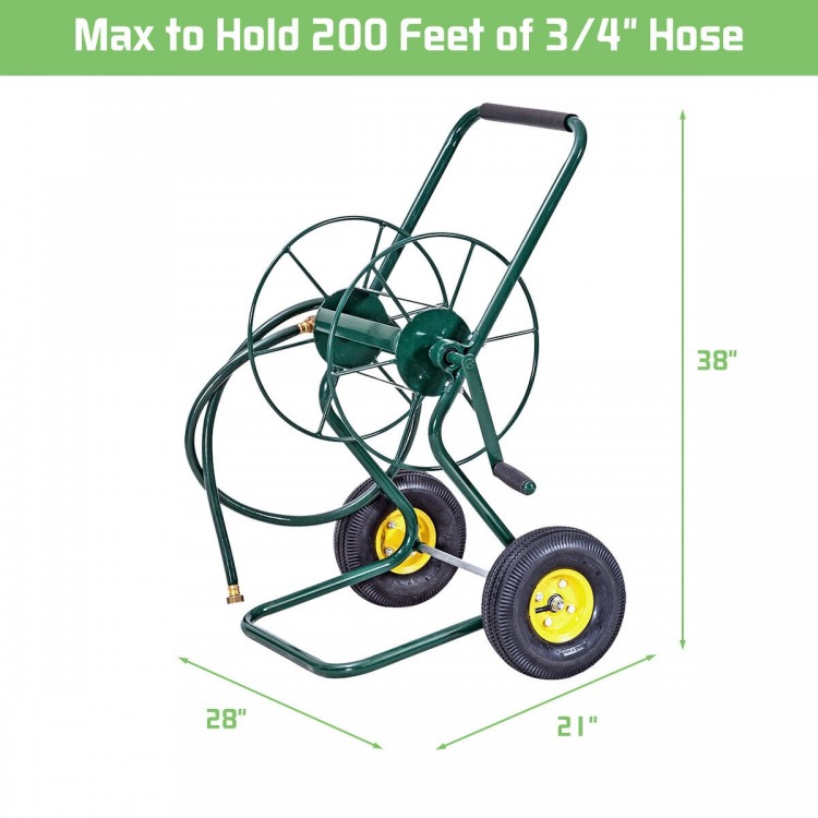 Garden steel frame wheeled hose reel cart with 10" pneumatic wheels, holds 200 feet of 3/4" hose, ideal for landscaping.