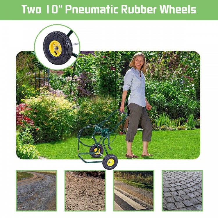 Garden steel frame wheeled hose reel cart with two 10" pneumatic wheels, ideal for smooth movement in various terrains.