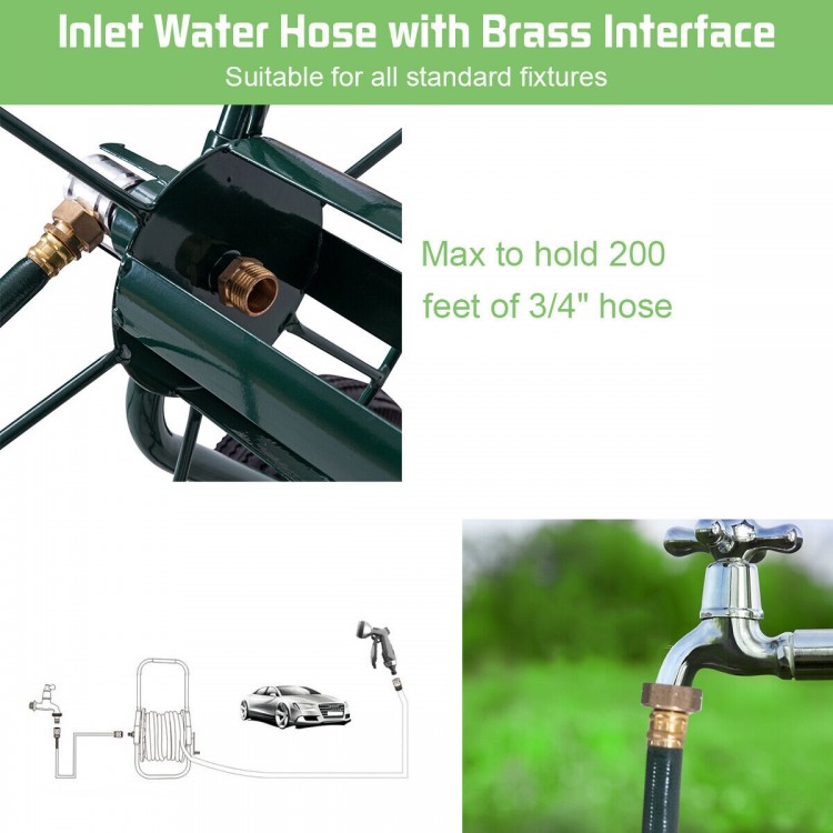 Garden steel frame wheeled hose reel cart with brass fittings, holds 200 feet of 3/4" hose, ideal for landscaping use.