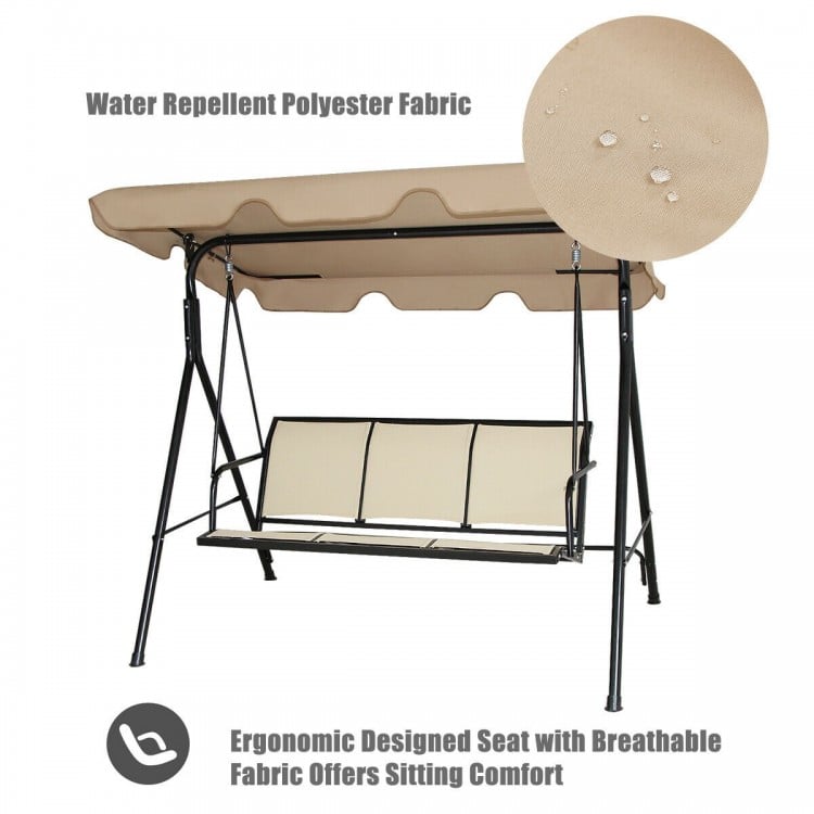 3-person patio swing with adjustable canopy, made of weather-resistant steel and breathable polyester for outdoor.